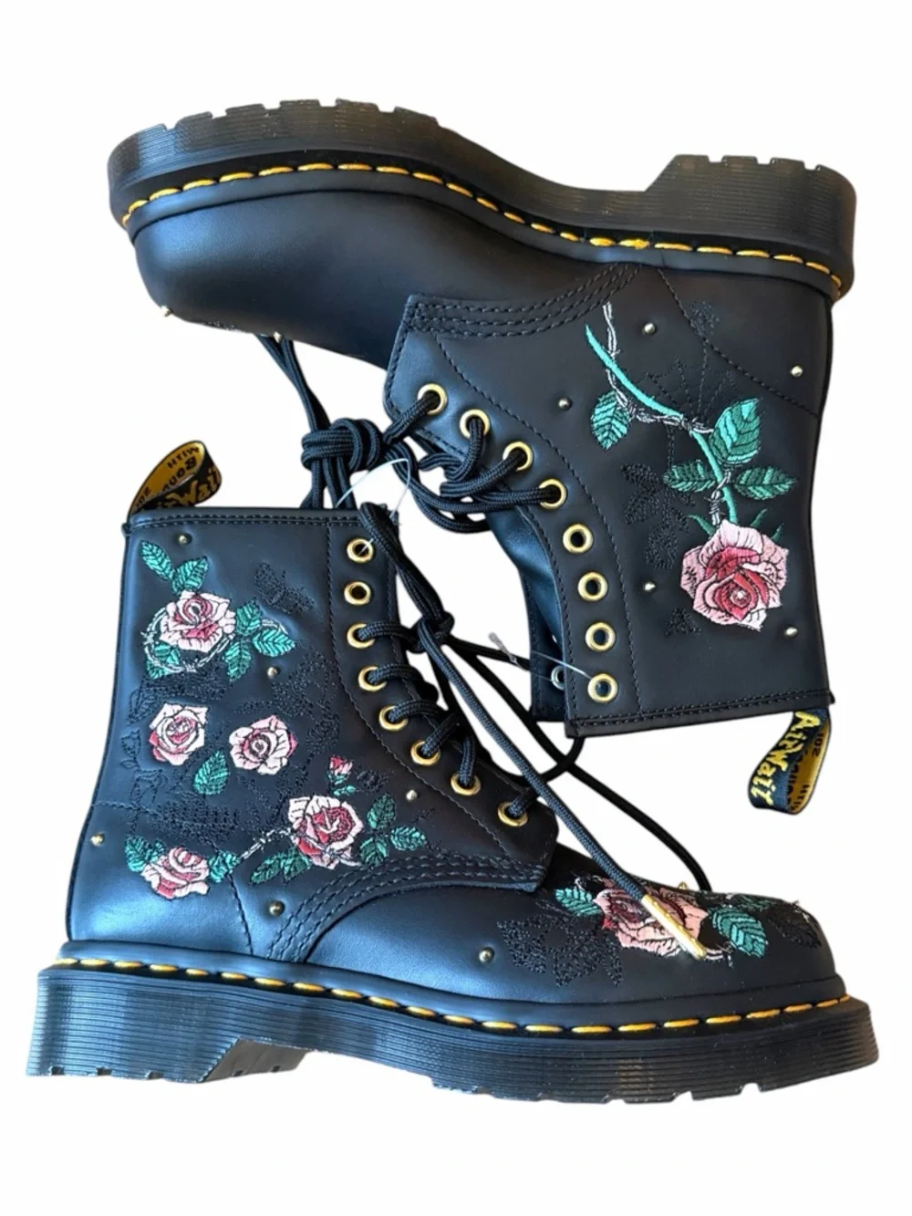 ๐ Dr. Martens 1460 Vonda Chain Boots with Pink Rose Embroidery Black Leather 5 - Picture 1 of 9